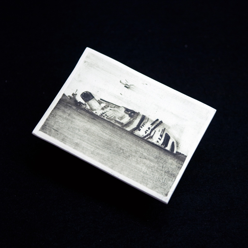 157 - Phossil 30 (concordia album12) - 13.8cm x 10.4cm x 0.4cm approx.- hand-painted with pigment on porcelain, fired twice up to 1280cº